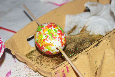 High angle view of eggs on table