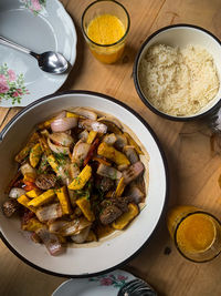 High angle view of food served on table