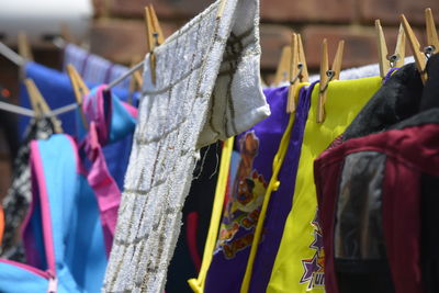 Close-up of clothes drying on clothesline