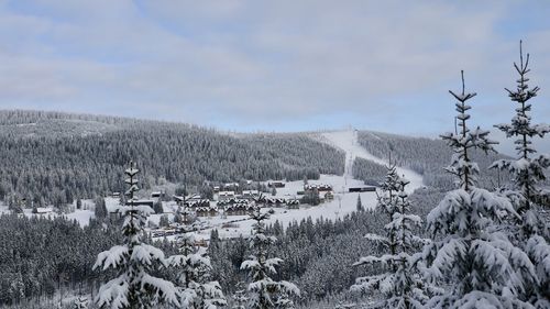 Scenic view of snow covered landscape against sky