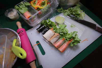 High angle view of sushi in plate on table