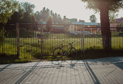 Bicycle by trees in city against sky