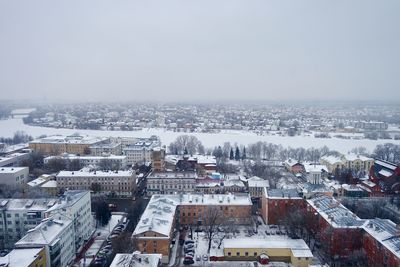 High angle view of townscape against sky during winter