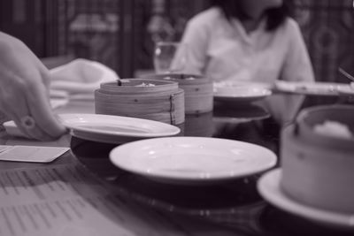 Close-up of plates on table