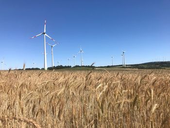 Wind turbines on field against clear sky