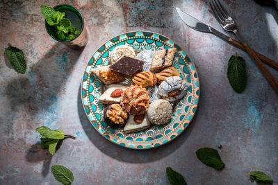 High angle view of breakfast served on table