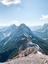 Aerial view of snowcapped mountains against sky