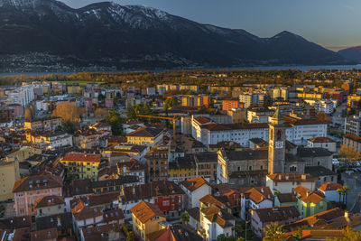 High angle view of townscape against sky during sunset