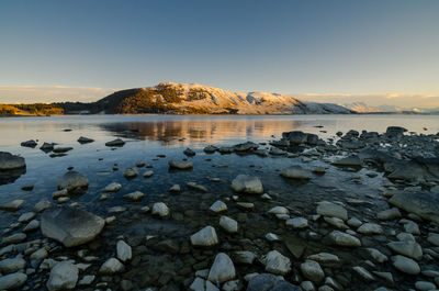 Scenic view of lake against clear sky