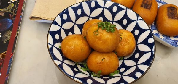 Directly above shot of fruits in plate on table