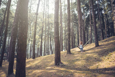 Woman sitting on hammock in forest