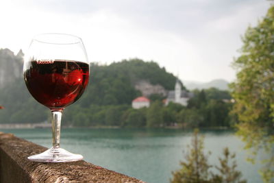 Close-up of wine with lake in background
