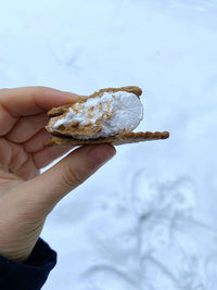 Close-up of hand holding marshmallow