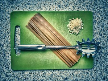 High angle view of vegetables on cutting board