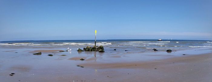 View of calm beach against blue sky