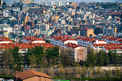 High angle view of buildings in city