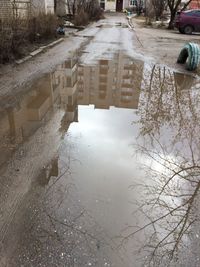 Reflection of building in puddle