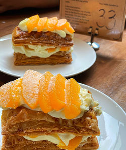 Close-up of dessert served on table