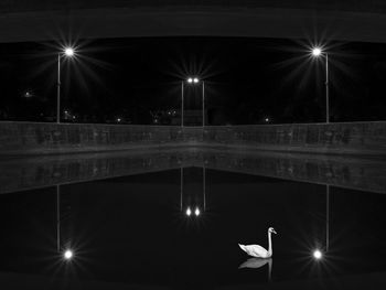 View of illuminated street light against calm lake at night