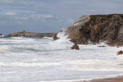 Cote sauvage - strong waves of atlantic ocean on wild coast of the peninsula of quiberon, brittany