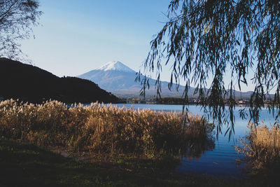 Scenic view of lake by mountains against sky