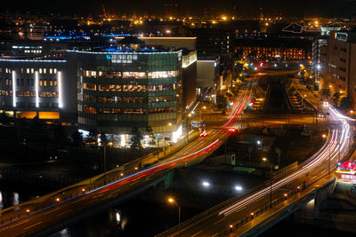 High angle view of illuminated city at night