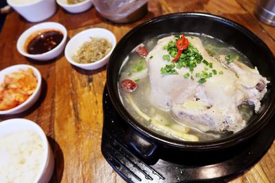 High angle view of meal served on table