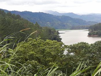 Scenic view of river and mountains against sky