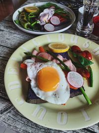 High angle view of breakfast served on table