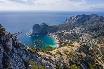 High angle view of rocks by sea against sky