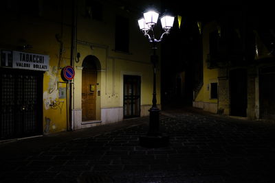 Street lights on footpath by building at night