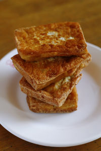 High angle view of bread in plate on table