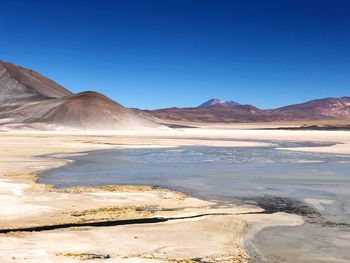 Scenic view of lake and mountains against clear blue sky