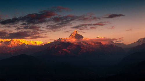 Scenic view of mountains against sky during sunset