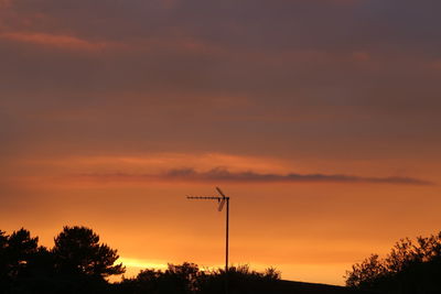 Low angle view of silhouette trees against orange sky