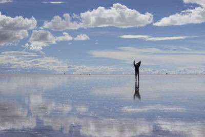 Rear view of person standing in sea against sky