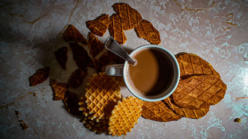 High angle view of coffee cup on table