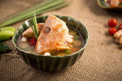 Close-up of fish soup