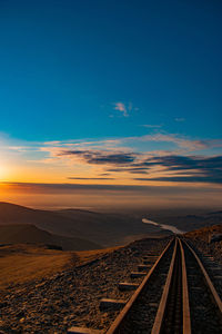 Railroad tracks against sky during sunset