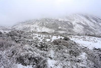 Scenic view of snow covered mountains