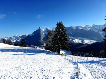 Snow covered mountain against blue sky