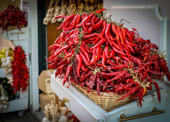 Close-up of red chili peppers for sale in market