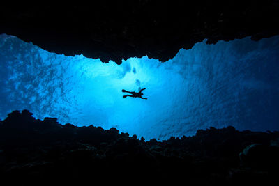 Low angle view of silhouette person swimming in sea