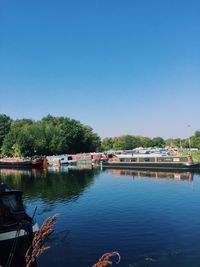 Scenic view of lake against clear blue sky