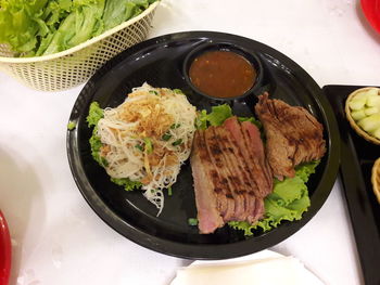 High angle view of food in plate on table