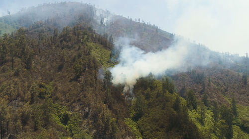 Forest fire smoke on the slopes hills. fire in mountain forest. wild fire in tropical forest