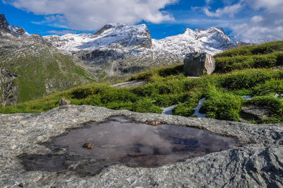 Puddle on rock against snowcapped swiss alps