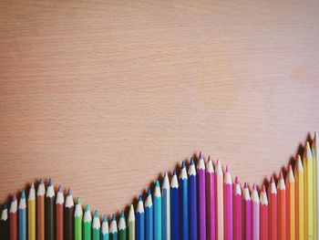 Directly above shot of colored pencils arranged on table