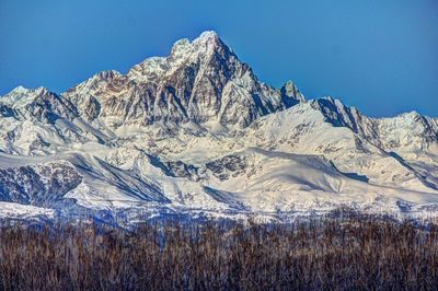 Scenic view of snowcapped mountains against clear sky