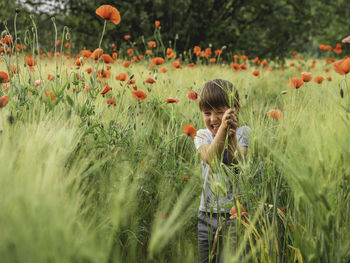 Little boy sees poppies first time in his life. rye field with red flowers. sincere kid's emotions. 
